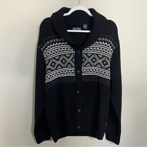 Chaps Mens Black and White Fair Isle Shawl Collar Cardigan Sweater size medium